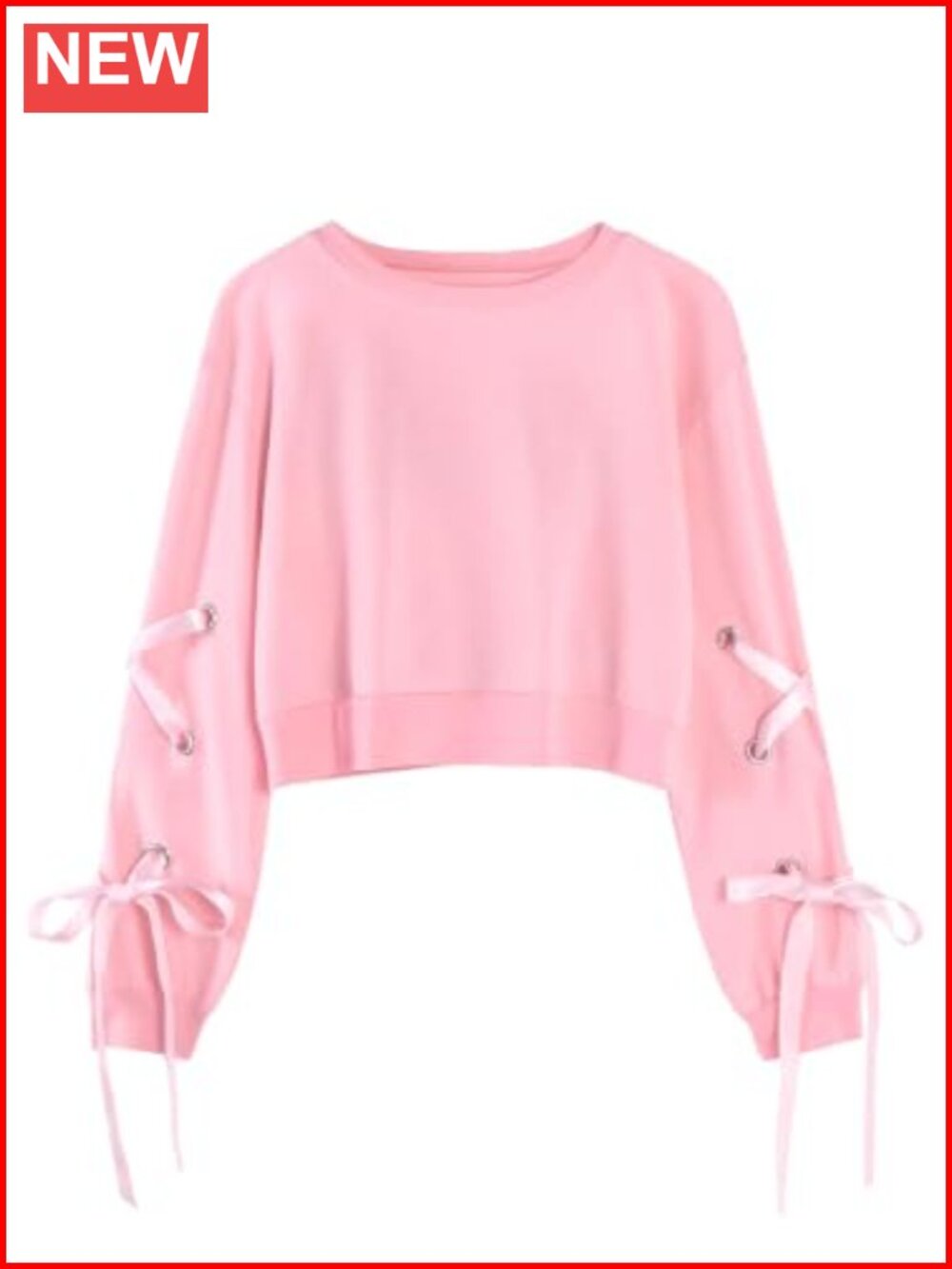 Womens Cropped Sweatshirt Lace Up Ribbon Sleeve Crewneck Crop Top